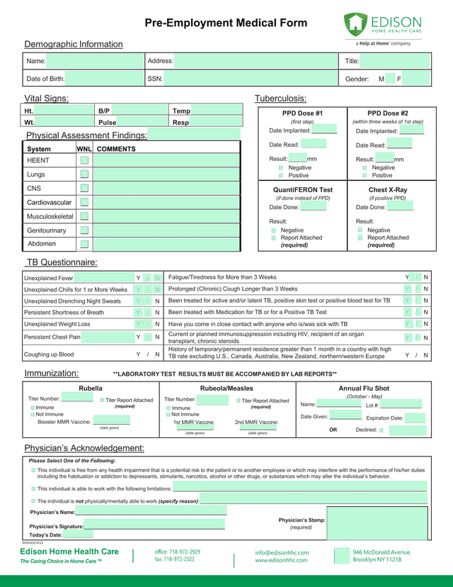 Pre Employment Medical Form screenshot