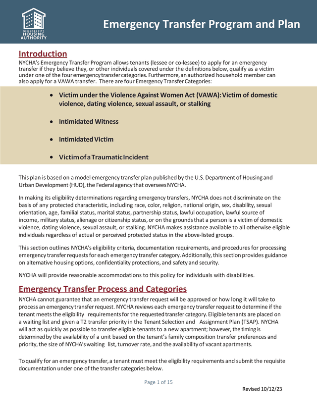 NYCHA Emergency Transfer Program screenshot