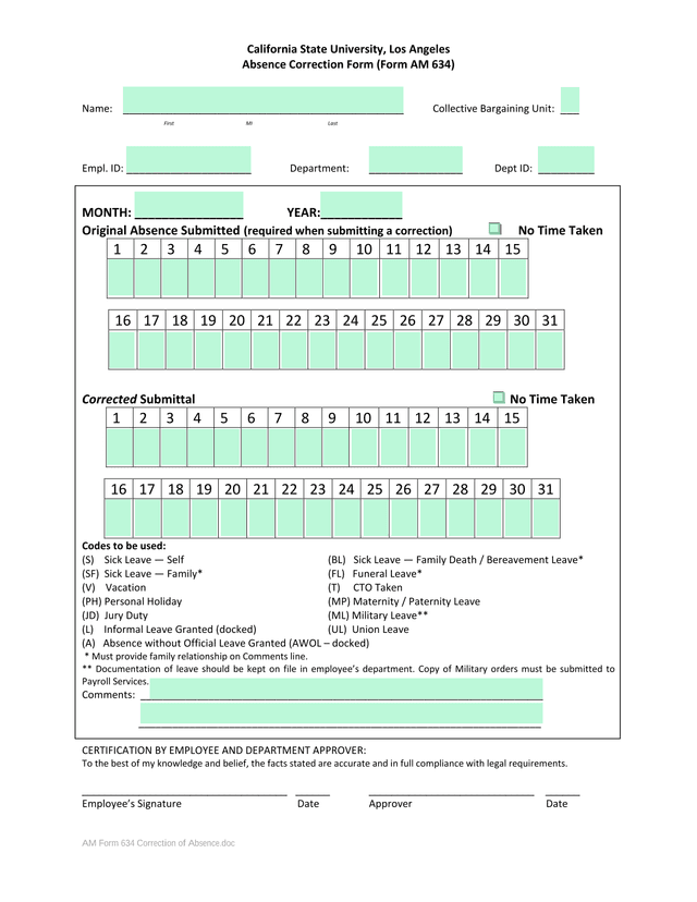 Absence Correction Form (Form AM 634) screenshot