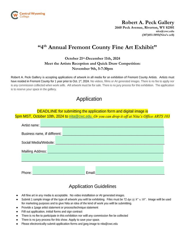 4th Annual Fremont County Fine Art Exhibit Application screenshot