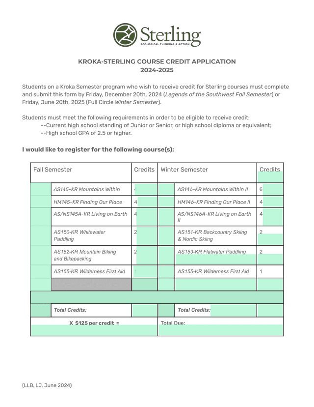 KROKA STERLING COURSE CREDIT APPLICATION screenshot