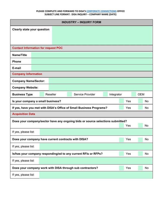 DISA Industry Inquiry Form screenshot