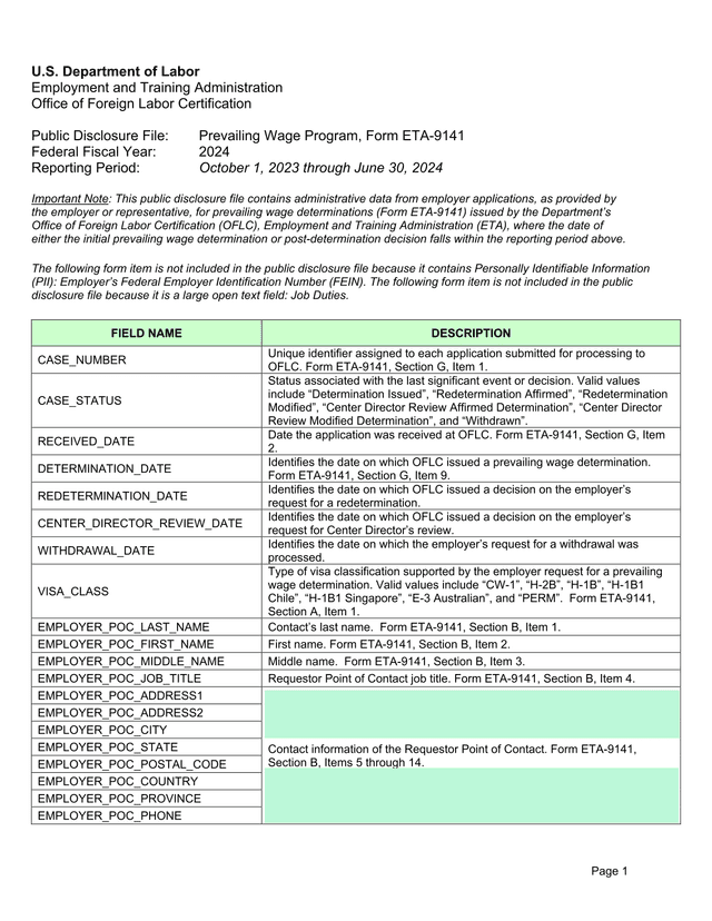Prevailing Wage Program, Form ETA 9141 screenshot