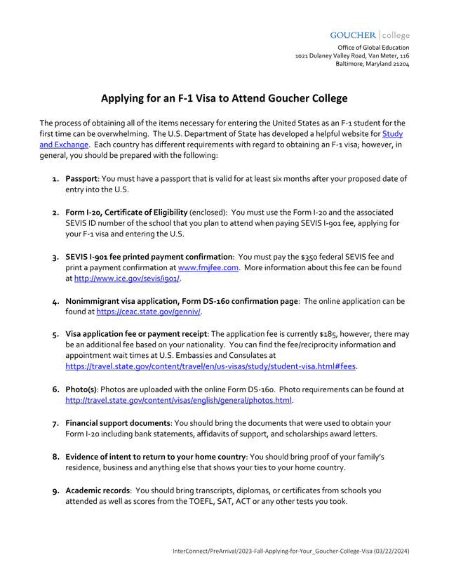 Applying For Your Goucher College Visa screenshot