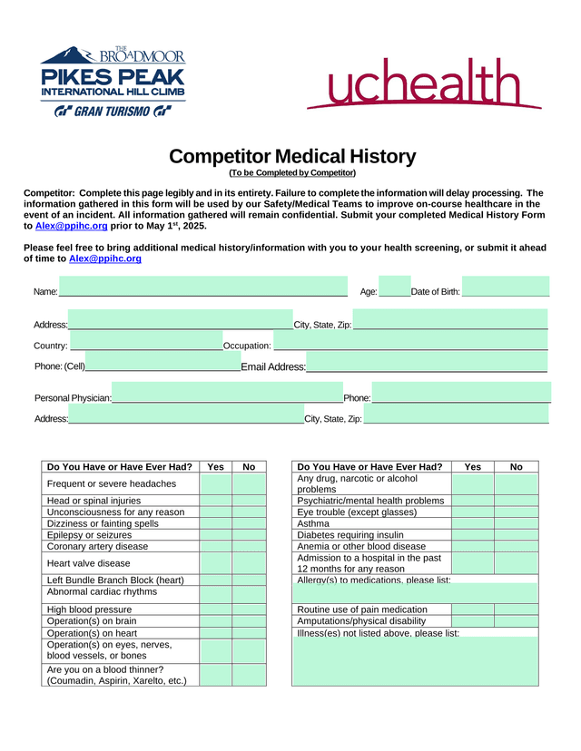 Competitor Medical History screenshot
