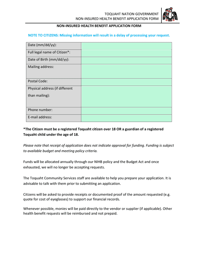 Toquaht Nation Government Non Insured Health Benefit Application Form screenshot
