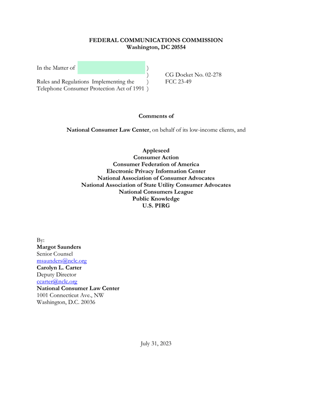 Comments Of National Consumer Law Center Et Al. Regarding TCPA Rules screenshot