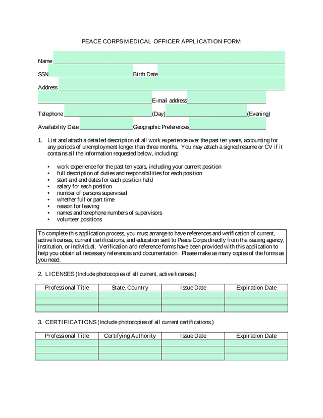 PEACE CORPS MEDICAL OFFICER APPLICATION FORM screenshot