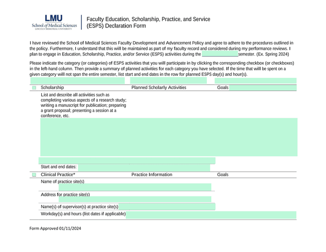 Faculty Education, Scholarship, Practice, And Service (ESPS) Declaration Form screenshot