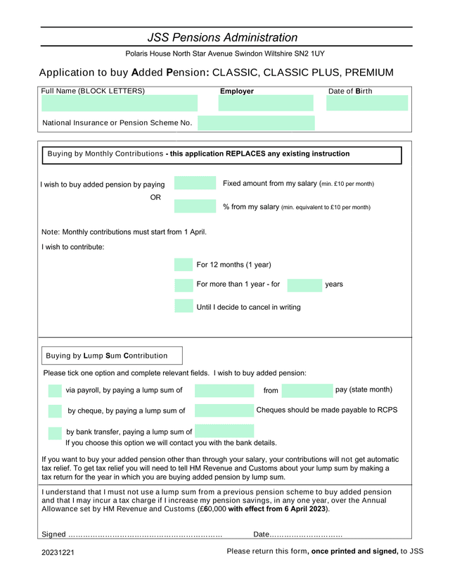 Application To Buy Added Pension CLASSIC, CLASSIC PLUS, PREMIUM screenshot
