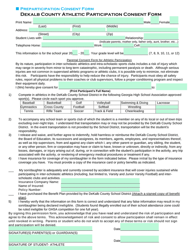 Dekalb County Athletic Participation Consent Form screenshot