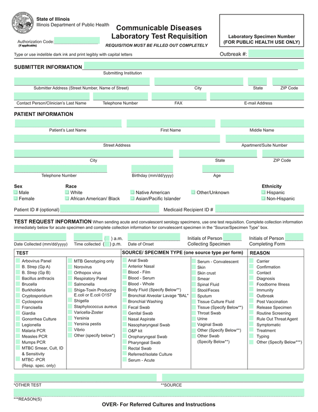 Illinois Department Of Public Health Communicable Diseases Laboratory Specimen Number screenshot