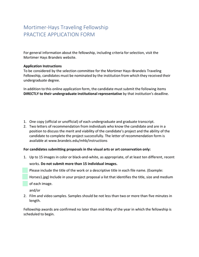 Mortimer Hays Traveling Fellowship Practice Application Form screenshot