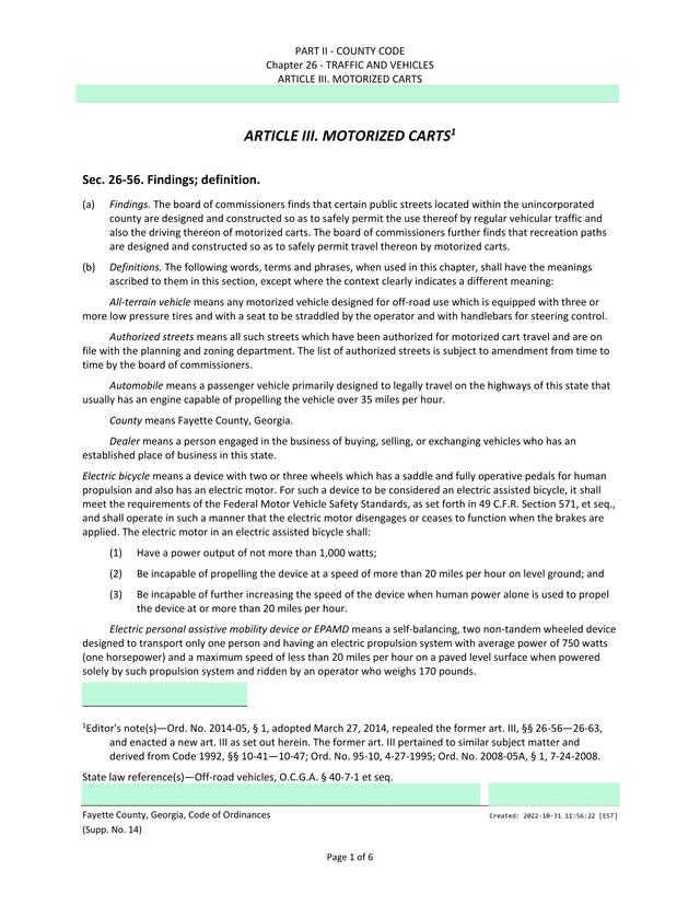 Fayette County Traffic And Vehicles Code   Motorized Carts screenshot