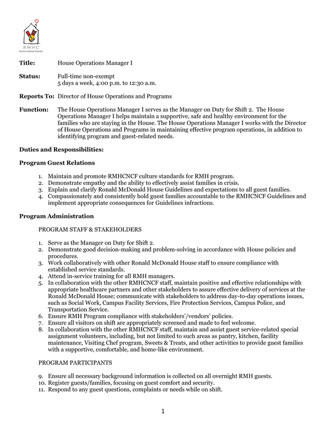 House Operations Manager I Job Description screenshot
