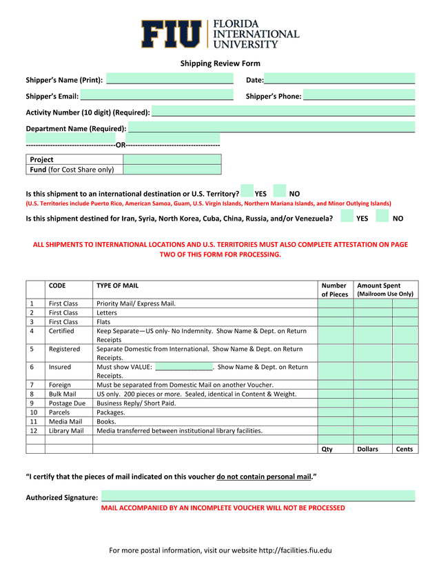 Shipping Review Form screenshot