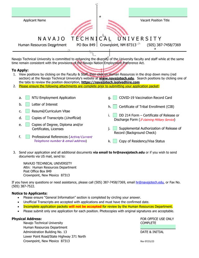 Employment Application Packet Instructions screenshot