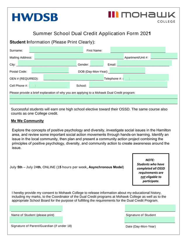 Summer School Dual Credit Application Form 2021 screenshot