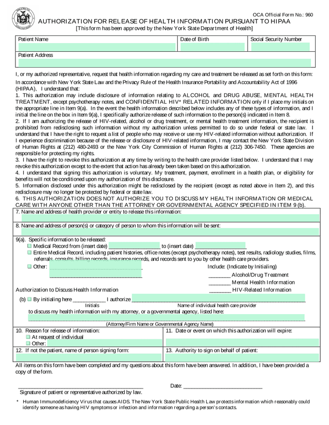 Authorization For Release Of Health Information Pursuant To HIPAA screenshot