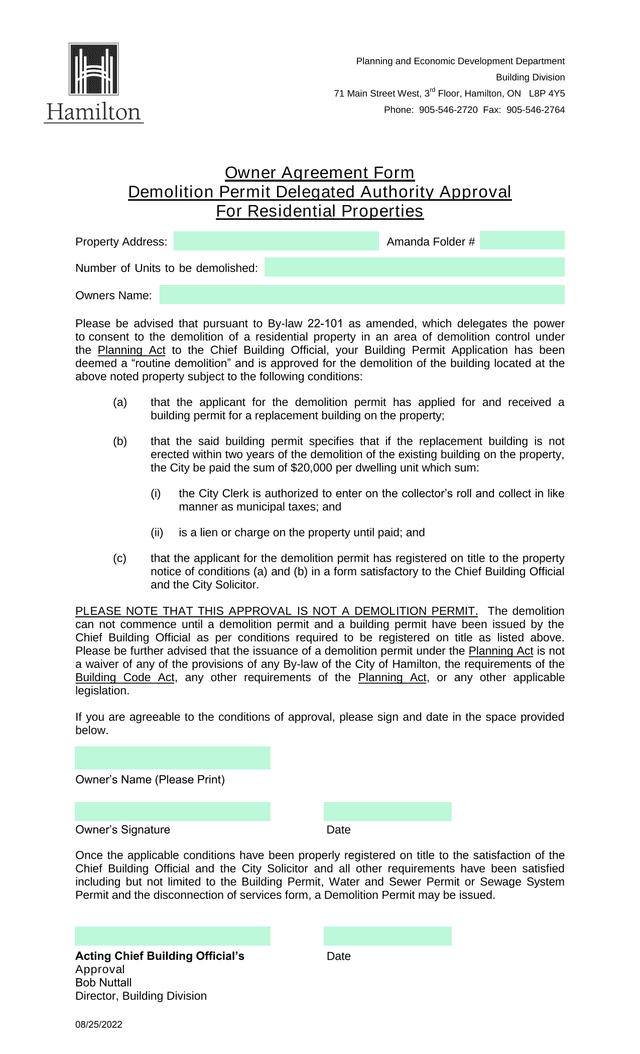 Owner Agreement Form   Demolition Permit Delegated Authority Approval For Residential Properties screenshot