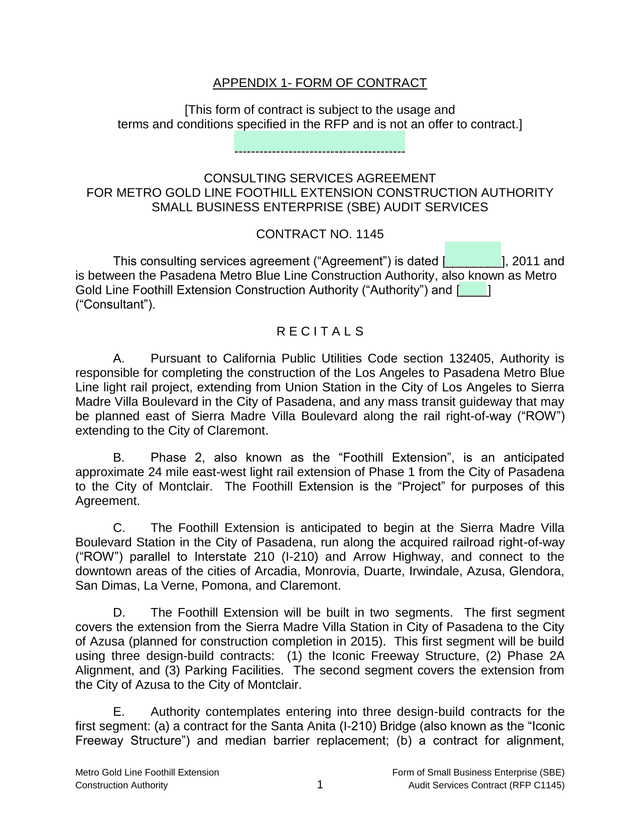 Form Of Small Business Enterprise (SBE) Audit Services Contract screenshot