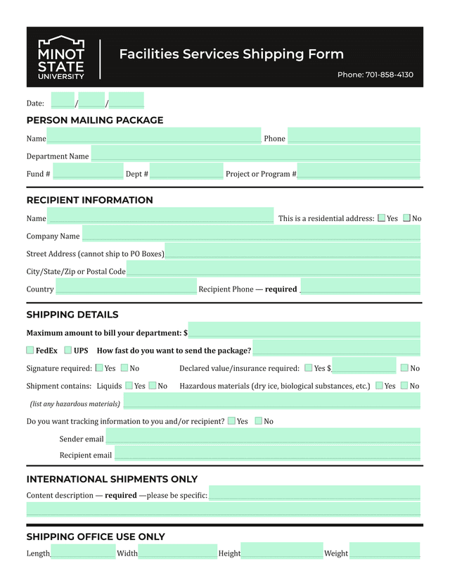 Facilities Services Shipping Form screenshot