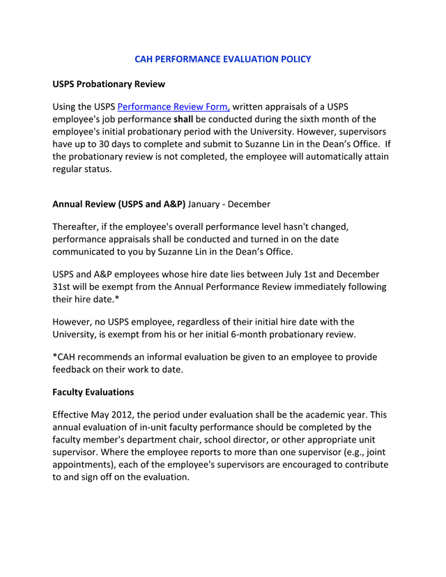 CAH Performance Evaluation Policy screenshot