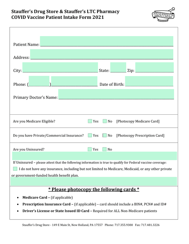 COVID Vaccine Patient Intake Form 2021 screenshot