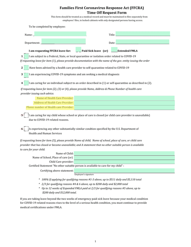 Families First Coronavirus Response Act (FFCRA) Time Off Request Form screenshot