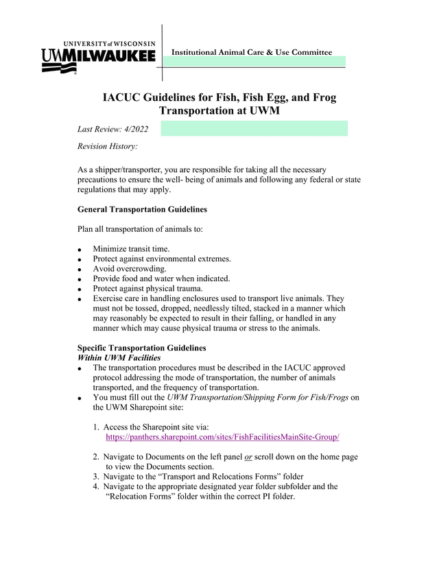 IACUC Guidelines For Fish, Fish Egg, And Frog Transportation At UWM screenshot
