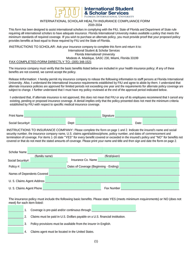 International Scholar Health Insurance Compliance Form screenshot