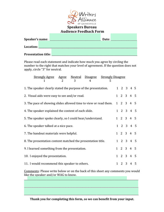 Speakers Bureau Audience Feedback Form screenshot