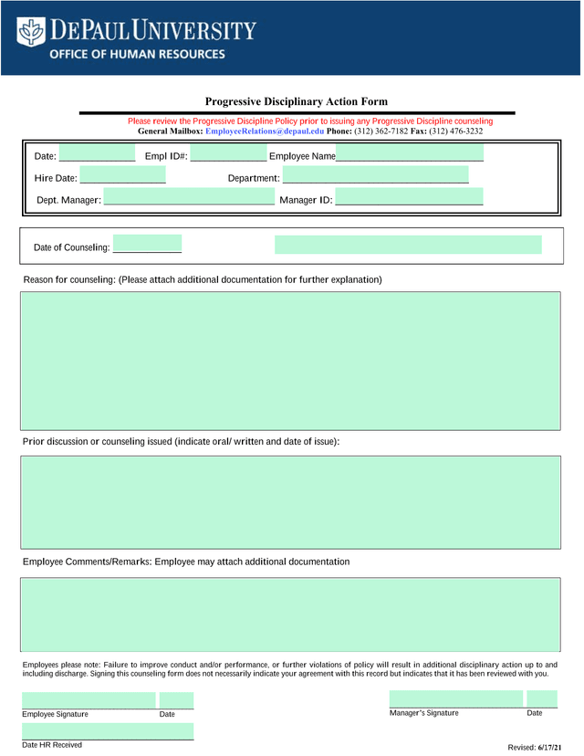 Progressive Disciplinary Action Form screenshot