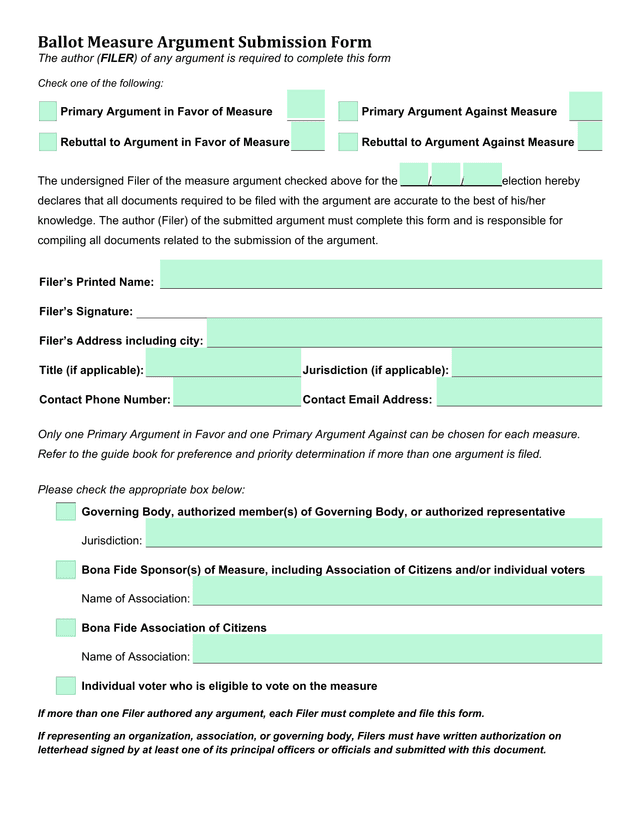 Ballot Measure Argument Submission Form screenshot