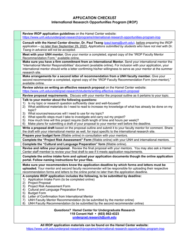 International Research Opportunities Program (IROP) Application Checklist screenshot