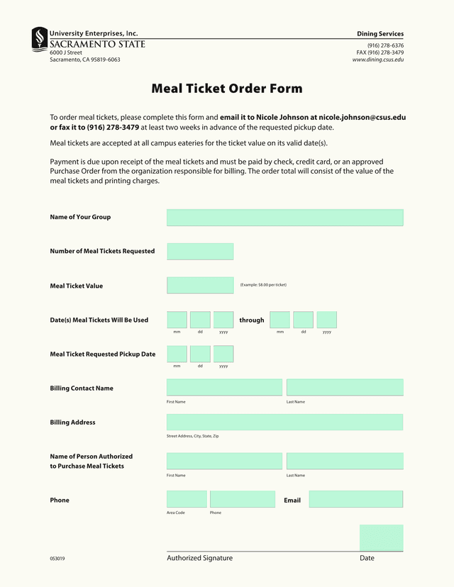 Meal Ticket Order Form screenshot