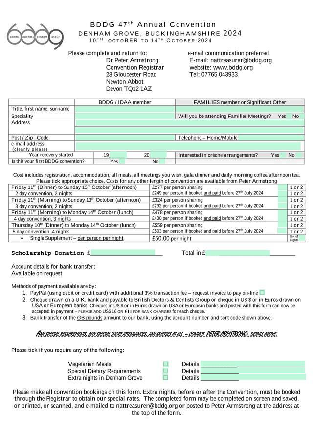 BDDG 47th Annual Convention Registration Form screenshot