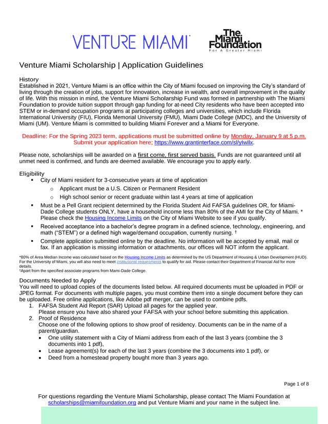 Venture Miami Scholarship  Application Guidelines screenshot