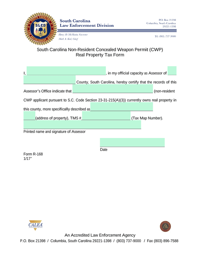 South Carolina Non Resident Concealed Weapon Permit (CWP) Real Property Tax Form screenshot