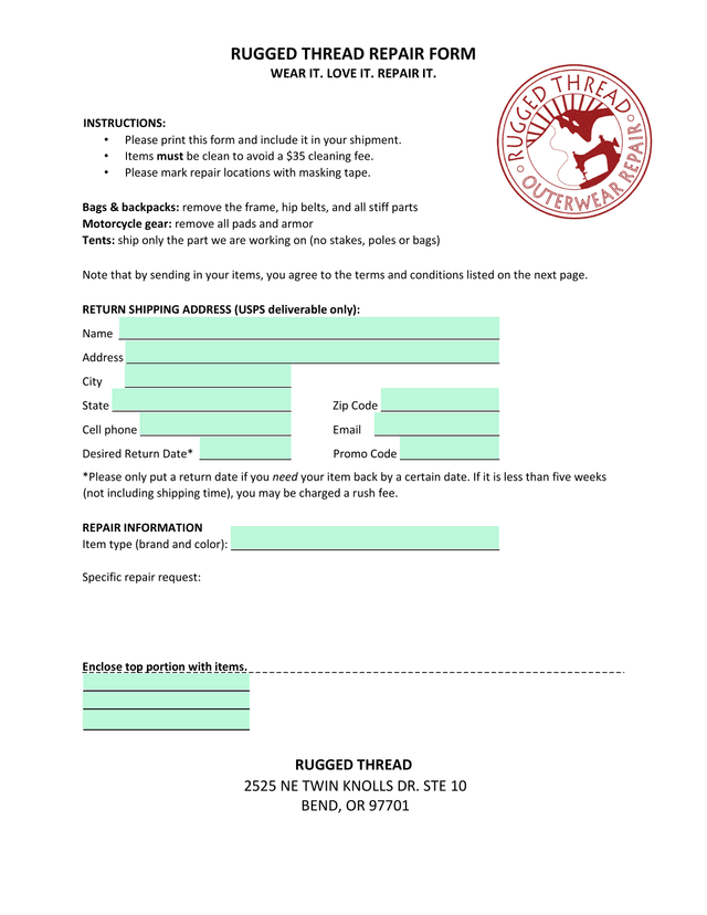 Rugged Thread Repair Form screenshot