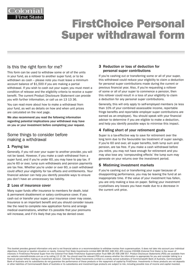 FirstChoice Personal Super Withdrawal Form screenshot