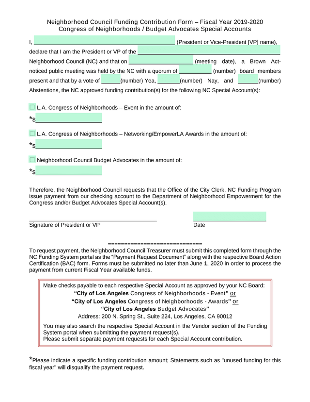 Neighborhood Council Funding Contribution Form  Fiscal Year 2019 2020 screenshot