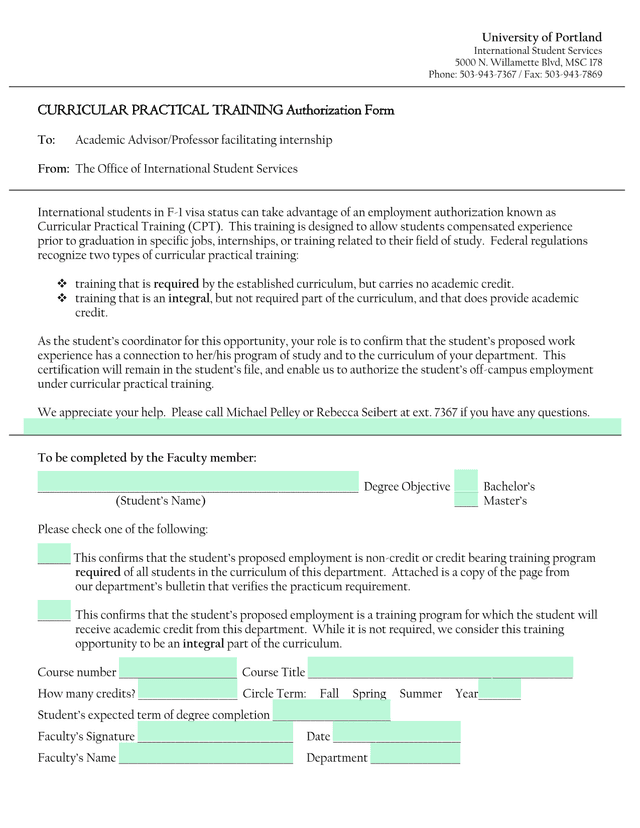 Curricular Practical Training Authorization Form screenshot