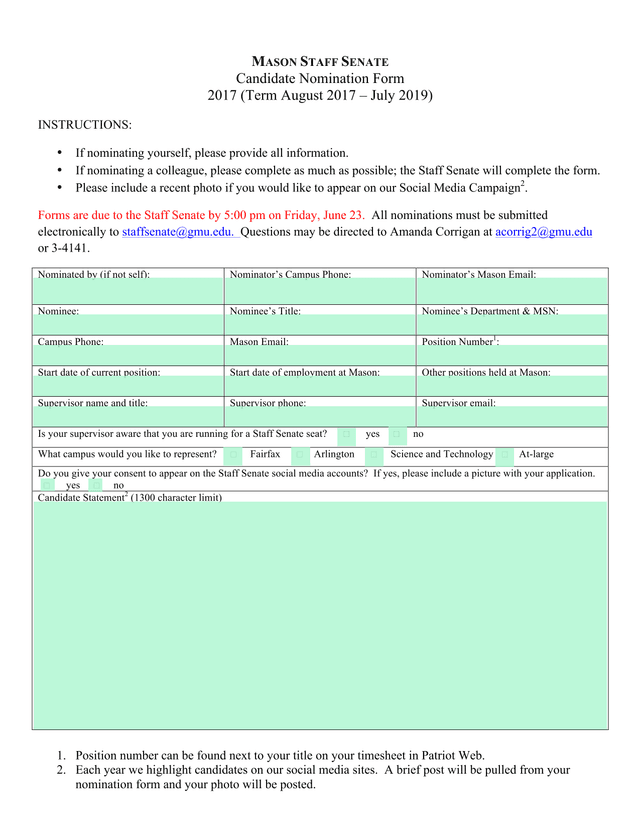 MASON STAFF SENATE Candidate Nomination Form screenshot