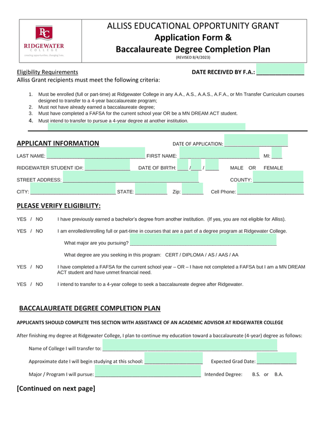 Alliss Educational Opportunity Grant Application Form  Baccalaureate Degree Completion Plan screenshot