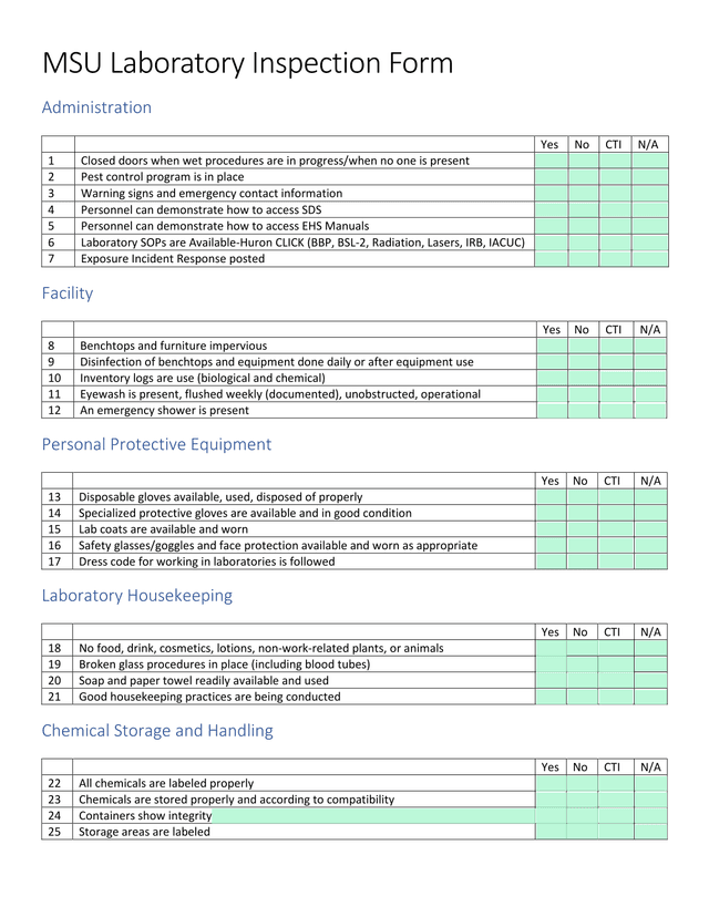 MSU Laboratory Inspection Form screenshot