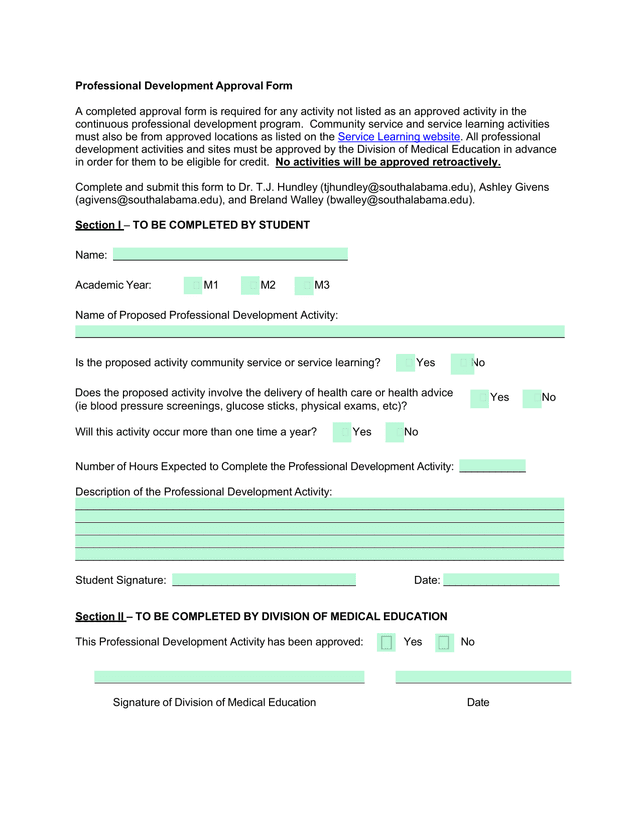 Professional Development Approval Form screenshot