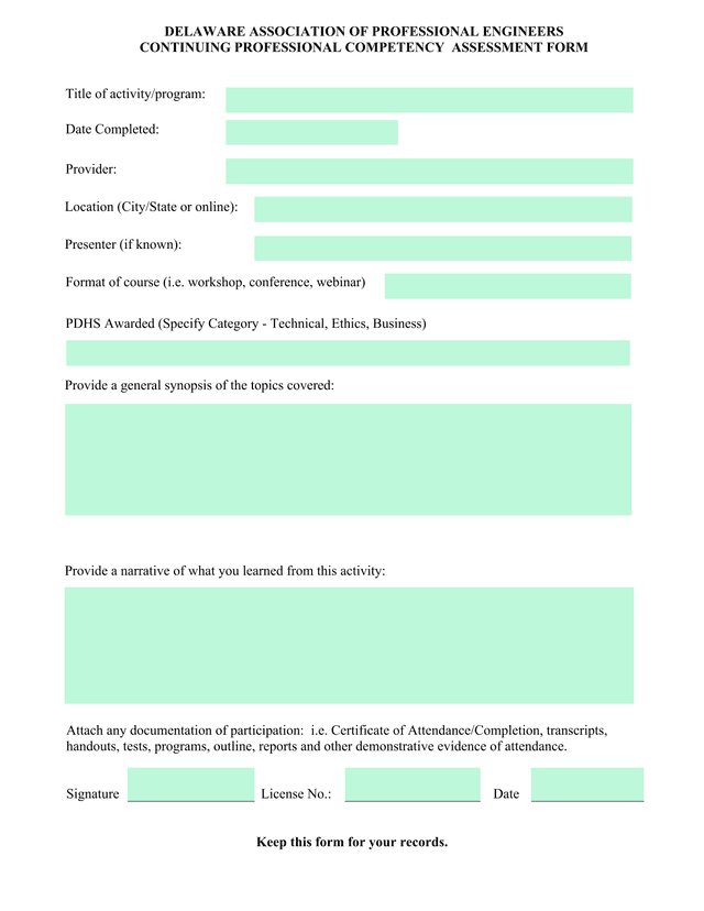 Delaware Association Of Professional Engineers Continuing Professional Competency Assessment Form screenshot