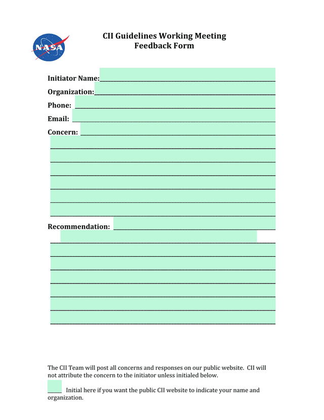CII Guidelines Working Meeting Feedback Form screenshot