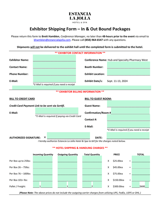 Exhibitor Shipping Form  In  Out Bound Packages screenshot
